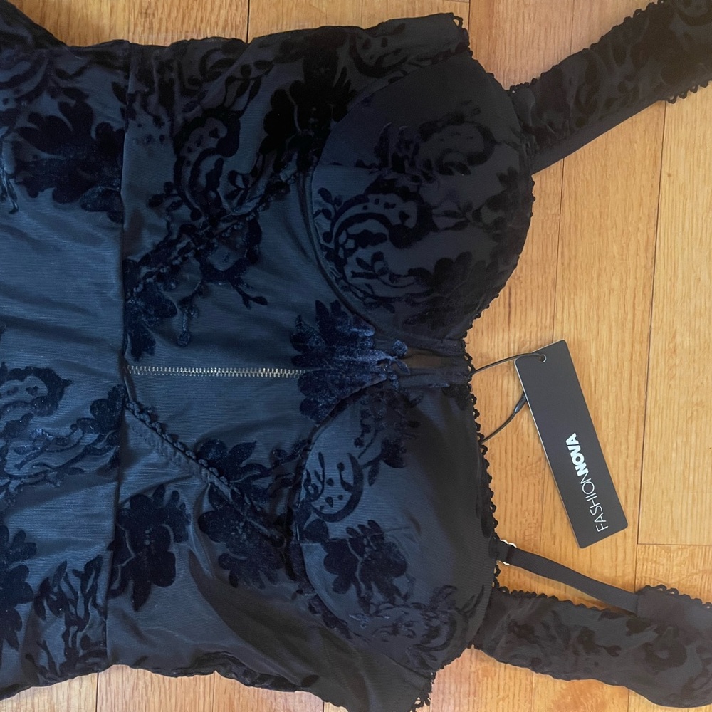 Fashion Nova Black Velvet Burnout Bustier Dress